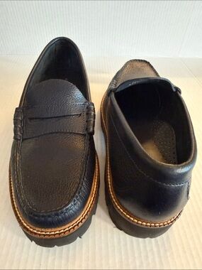 Navy Blue Leather Slip-On Penny Loafers with Contrast Welt